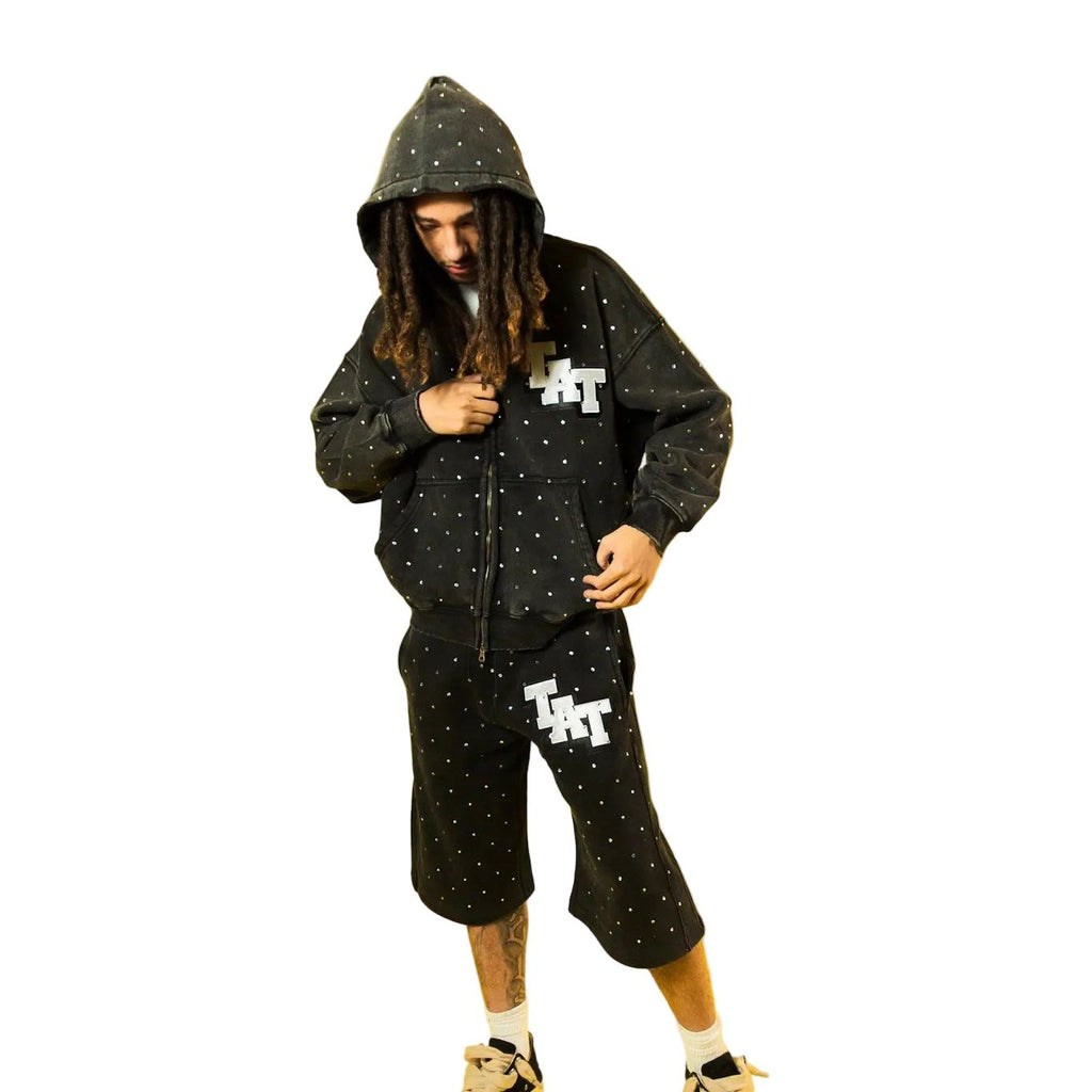 RHINESTONE HOODIE AND SHORTS SET SPRING EDITON ( BLACK ) shoptimeatell