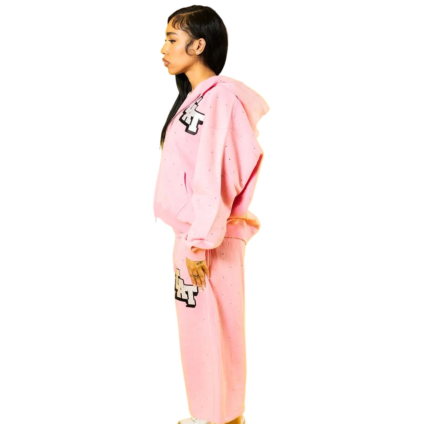 RHINESTONE HOODIE AND SHORTS SET SPRING EDITON ( pink )
