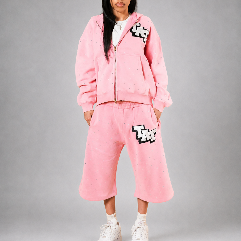 RHINESTONE HOODIE AND SHORTS SET SPRING EDITON (PINK) shoptimeatell