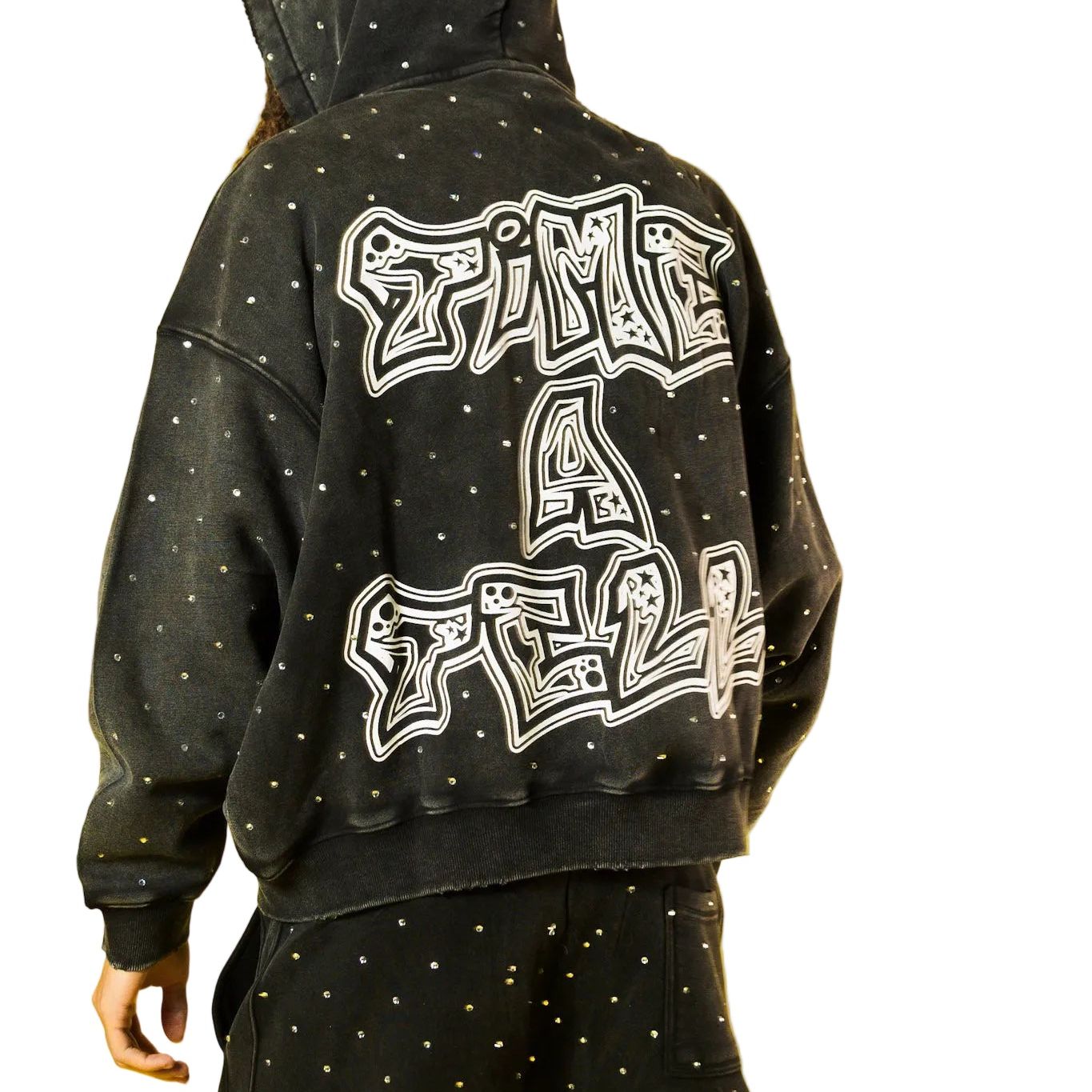 RHINESTONE HOODIE AND SHORTS SET SPRING EDITON ( BLACK ) shoptimeatell