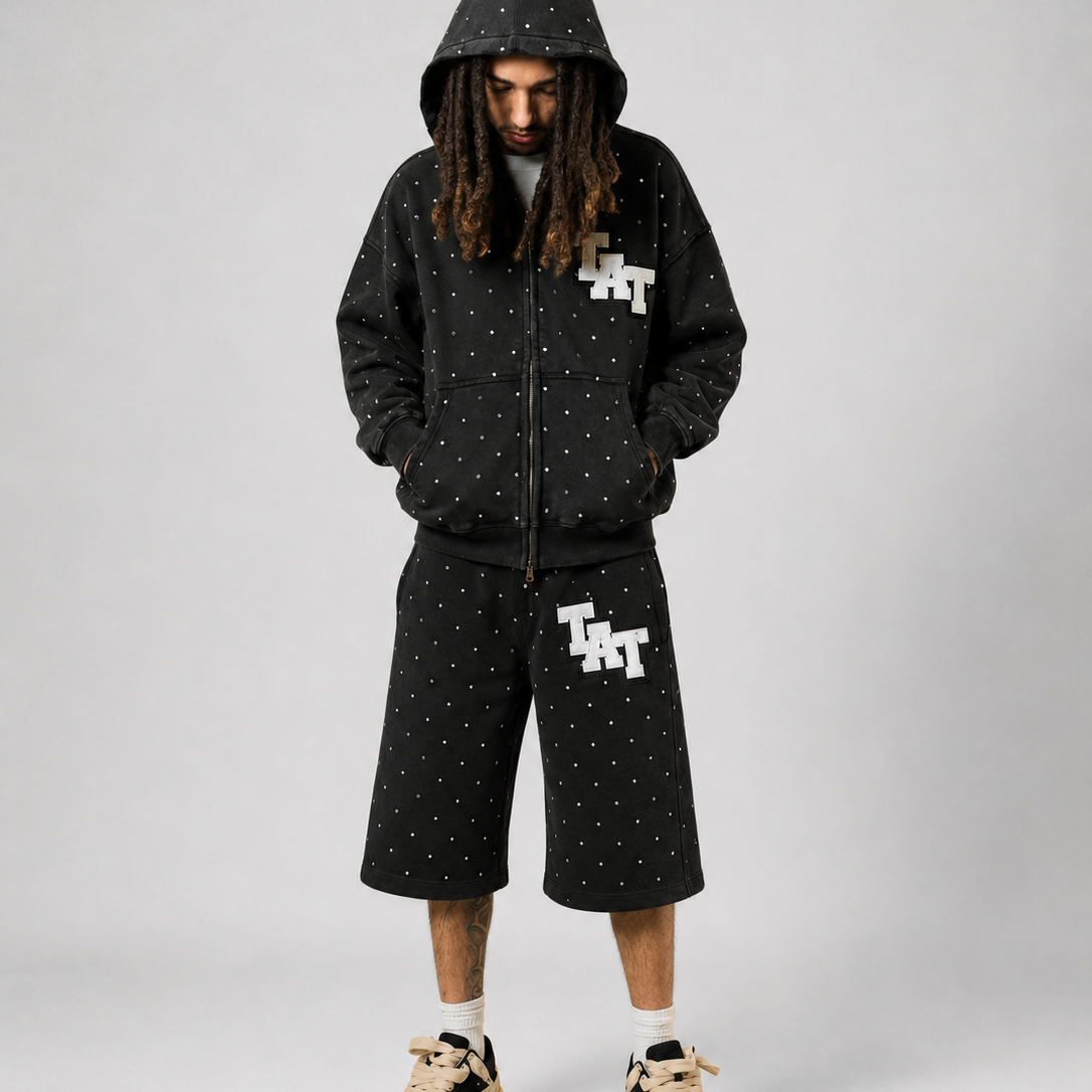 RHINESTONE HOODIE AND SHORTS SET SPRING EDITON ( BLACK ) shoptimeatell