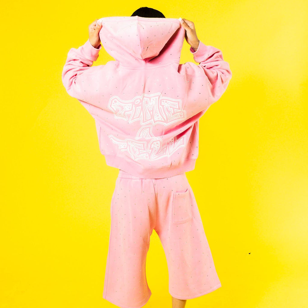 RHINESTONE HOODIE AND SHORTS SET SPRING EDITON (PINK)