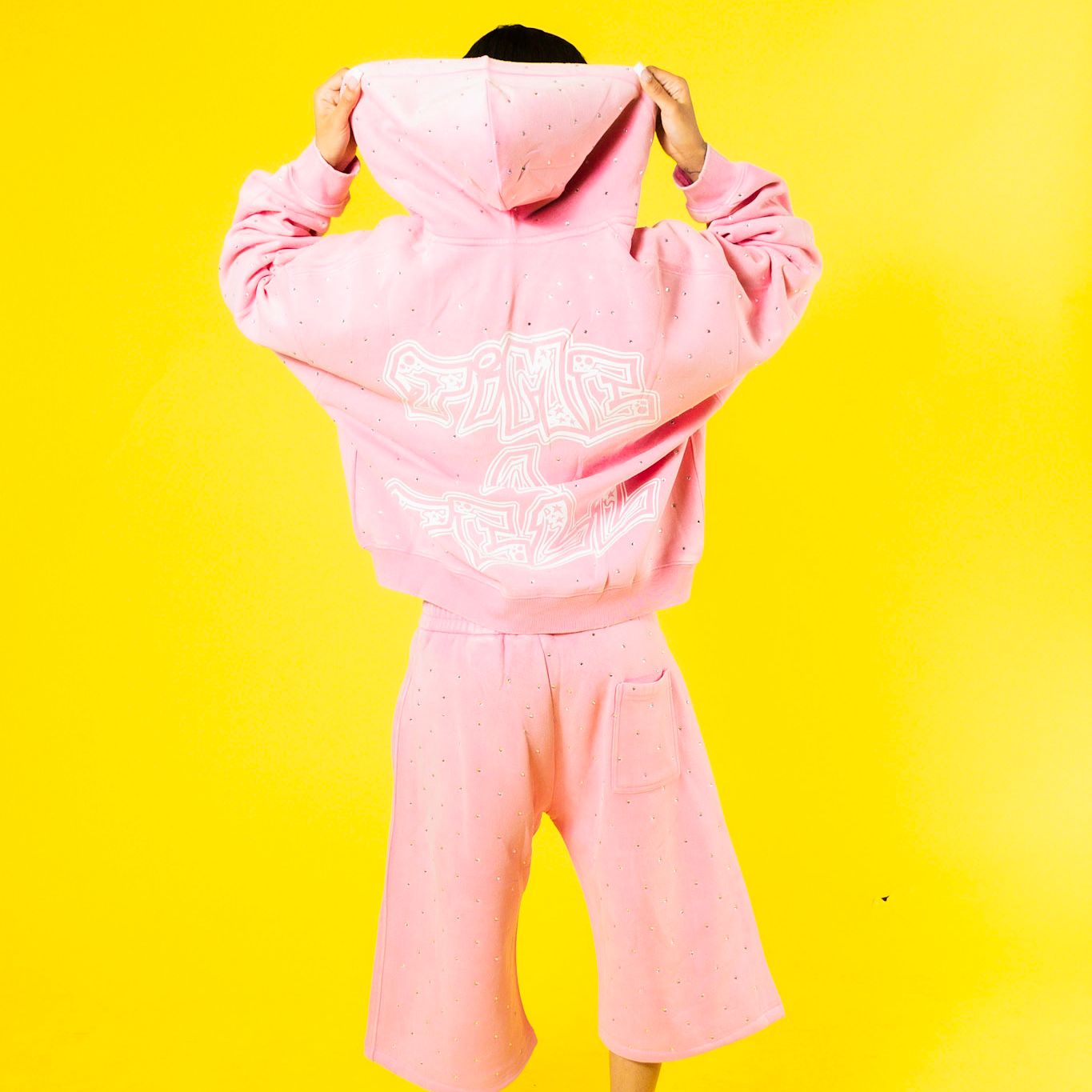 RHINESTONE HOODIE AND SHORTS SET SPRING EDITON ( pink )