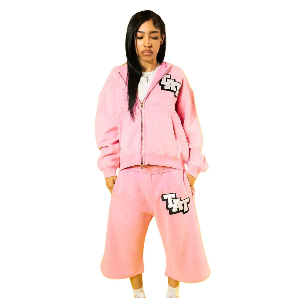 RHINESTONE HOODIE AND SHORTS SET SPRING EDITON (PINK)