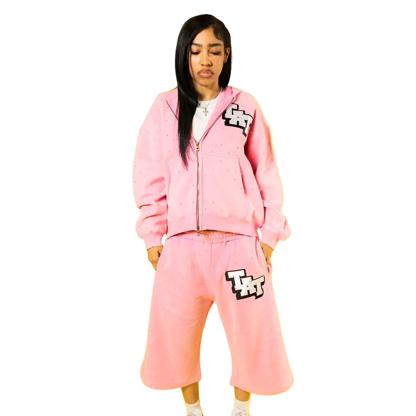 RHINESTONE HOODIE AND SHORTS SET SPRING EDITON ( pink )
