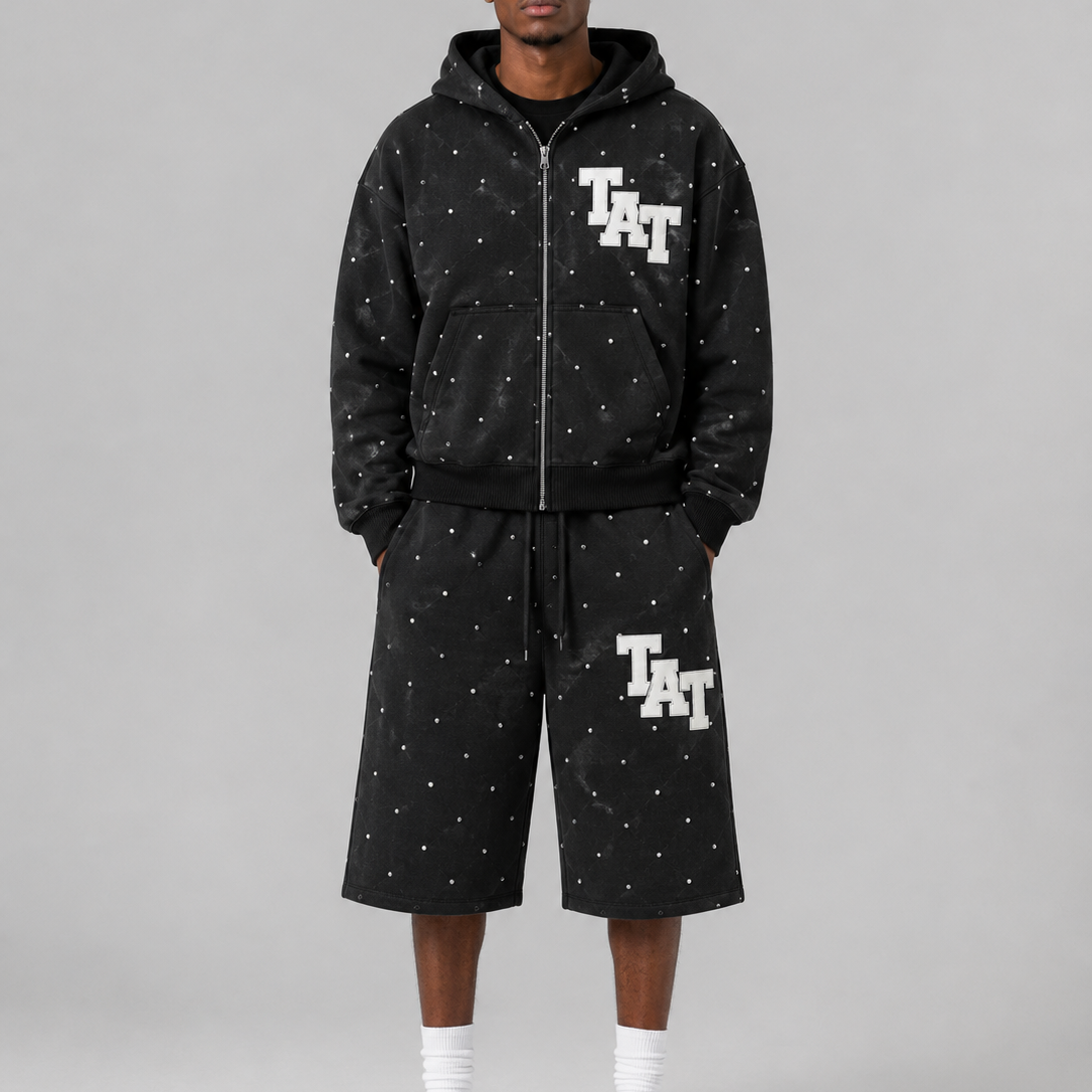 RHINESTONE HOODIE AND SHORTS SET SPRING EDITON ( BLACK ) shoptimeatell