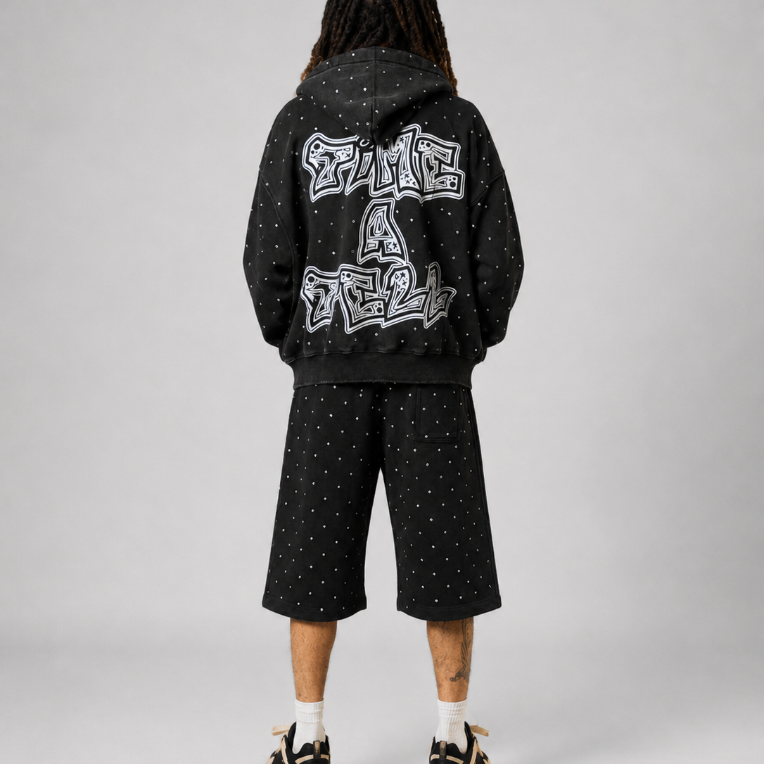 RHINESTONE HOODIE AND SHORTS SET SPRING EDITON ( BLACK ) shoptimeatell
