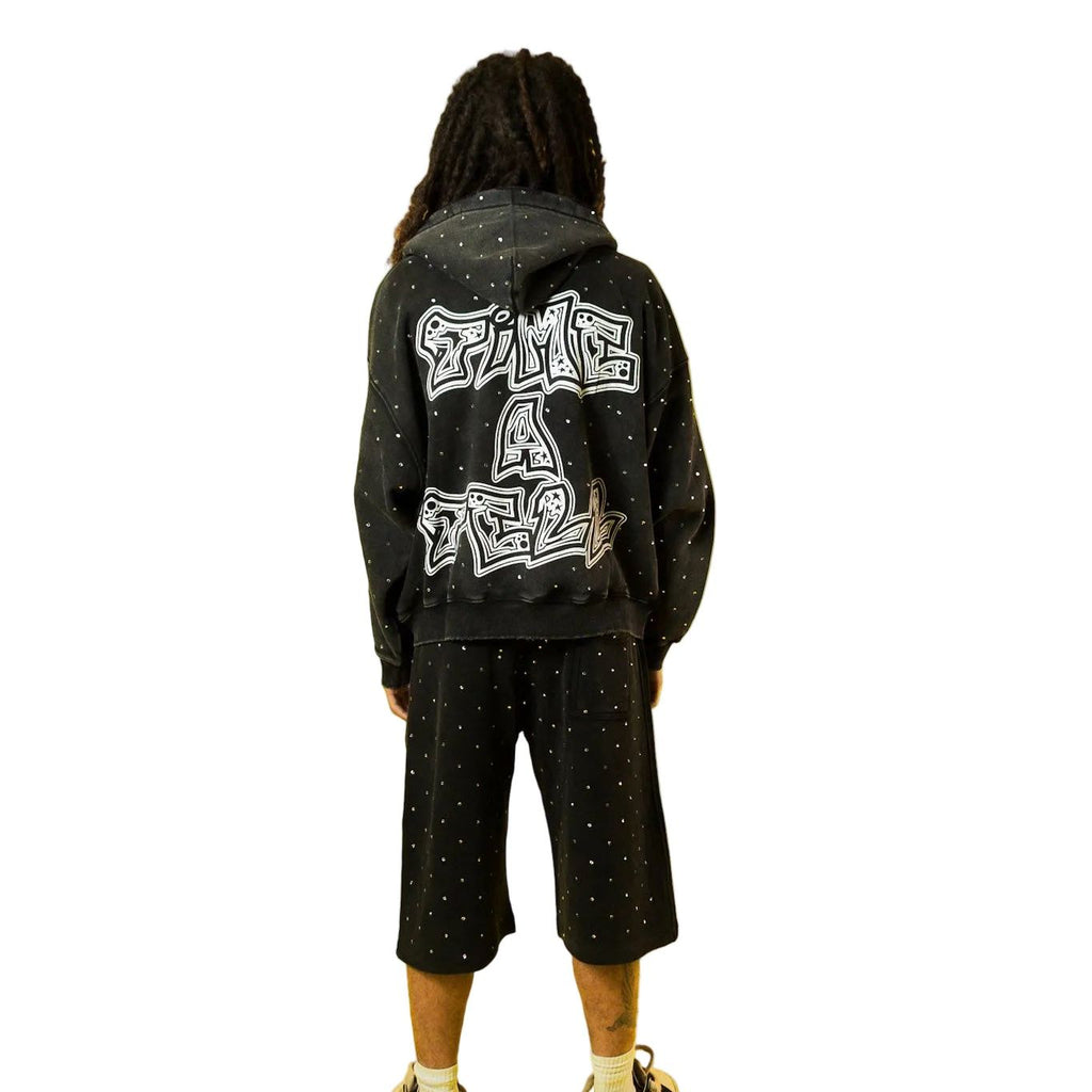 RHINESTONE HOODIE AND SHORTS SET SPRING EDITON ( BLACK ) shoptimeatell