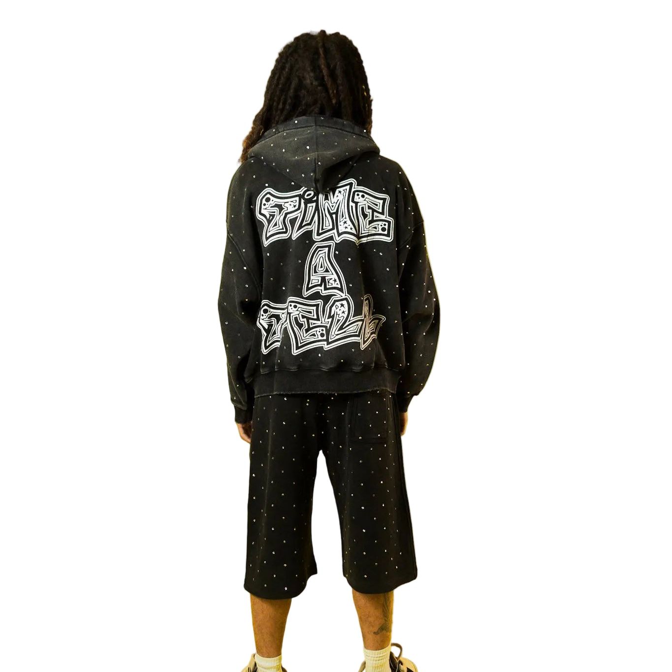 RHINESTONE HOODIE AND SHORTS SET SPRING EDITON ( BLACK ) shoptimeatell